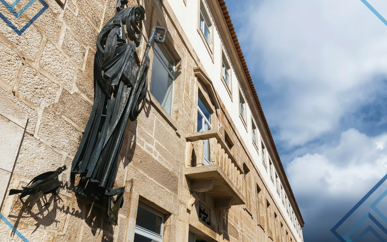 Fachada em granito do Colégio de Lamego com a estátua de São Bento